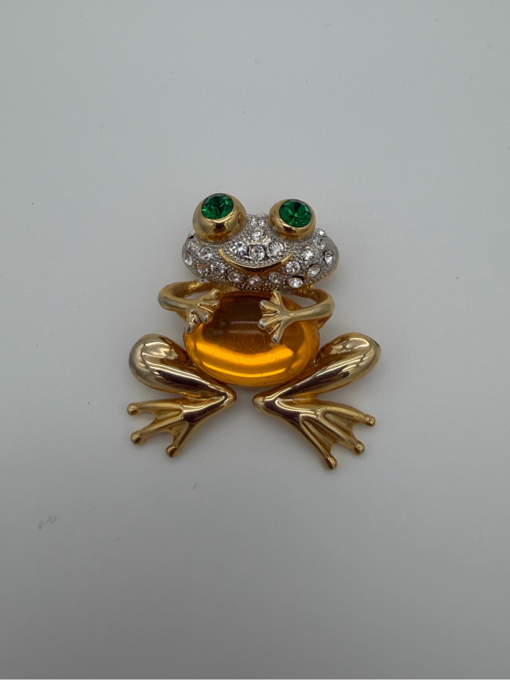 “Jelly Belly” Frog Brooch with Green Crystal Eyes and Amber Cabochon